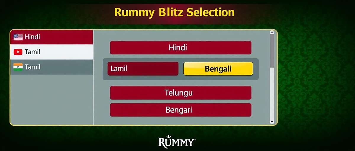 Rummy Blitz Language Support Rummy Blitz language selection screen showing various Indian language options including Hindi, Tamil, Telugu, and Bengali