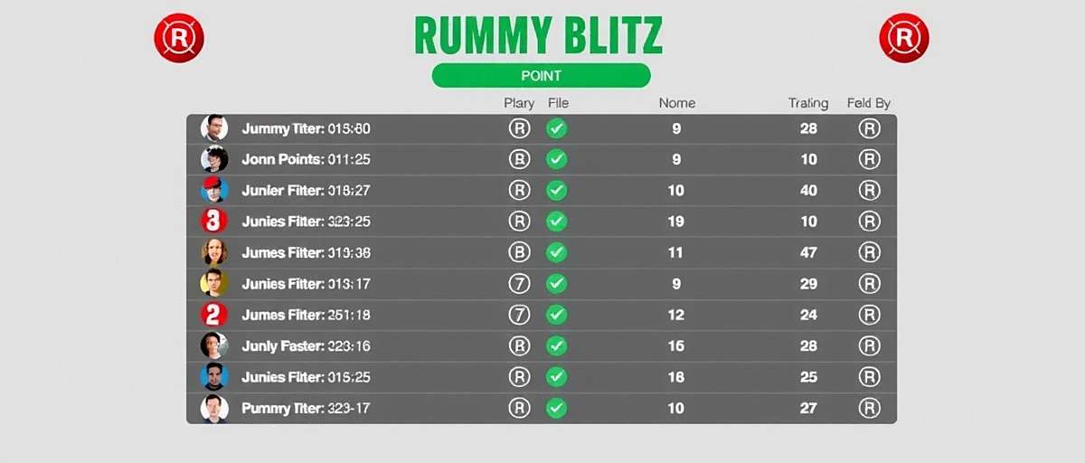 Rummy Blitz Points Variation Rummy Blitz Points variation showing scoreboard with point values and player rankings