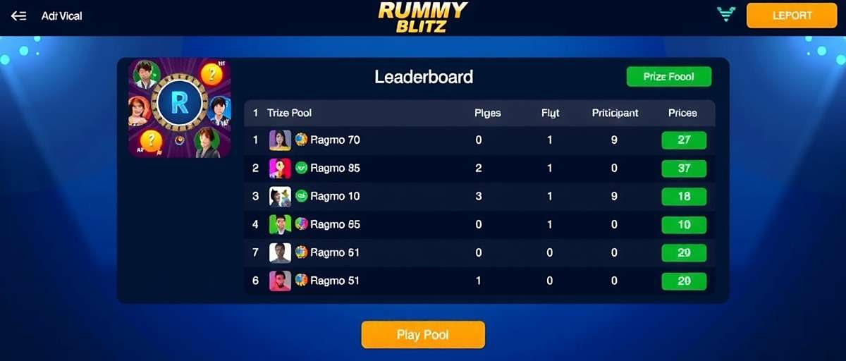 Rummy Blitz National Tournament Rummy Blitz tournament interface showing leaderboard, prize pool, and participant count with Indian rupee prizes
