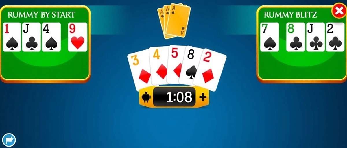 Rummy Blitz Gameplay Tutorial Rummy Blitz gameplay showing card arrangement, melds, and timer for fast-paced matches