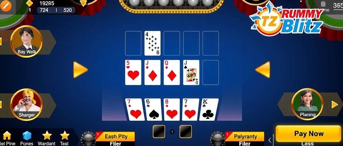 Rummy Blitz Gameplay Rummy Blitz game interface showing players in a fast-paced rummy match with Indian-themed design elements