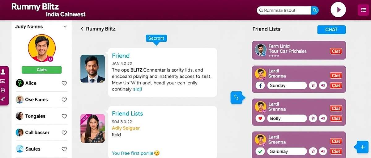 Rummy Blitz Player Community Rummy Blitz community features showing player profiles, chat, and friend lists with Indian names